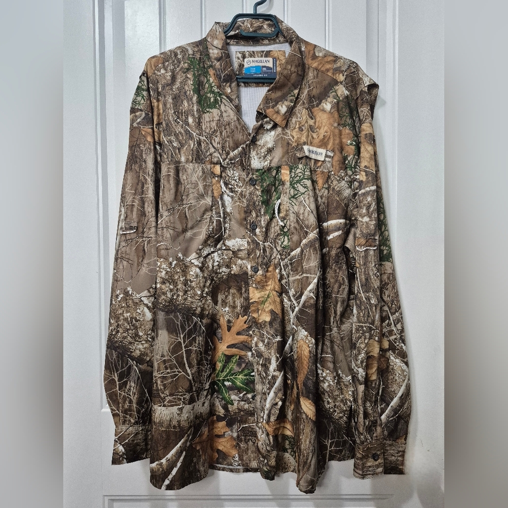 🏷Mens Plus Magellan Mag Wick Fish Gear Real Tree Camo Vented Shirt Size 2XL
